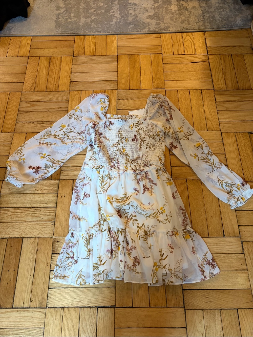 1. State White Floral Smocked Dress with Yellow and Mauve Accents
